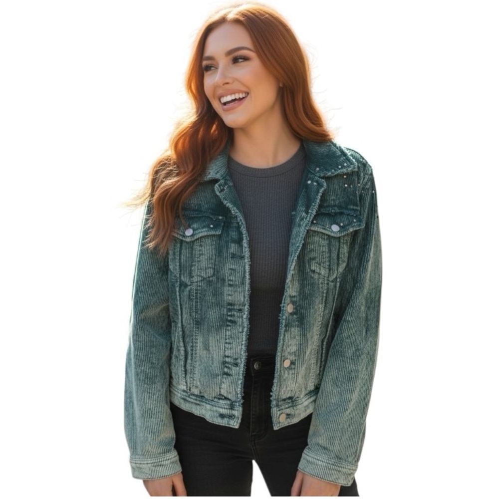 POL Large Distressed Oversized Corduroy Studded Cotton Jacket